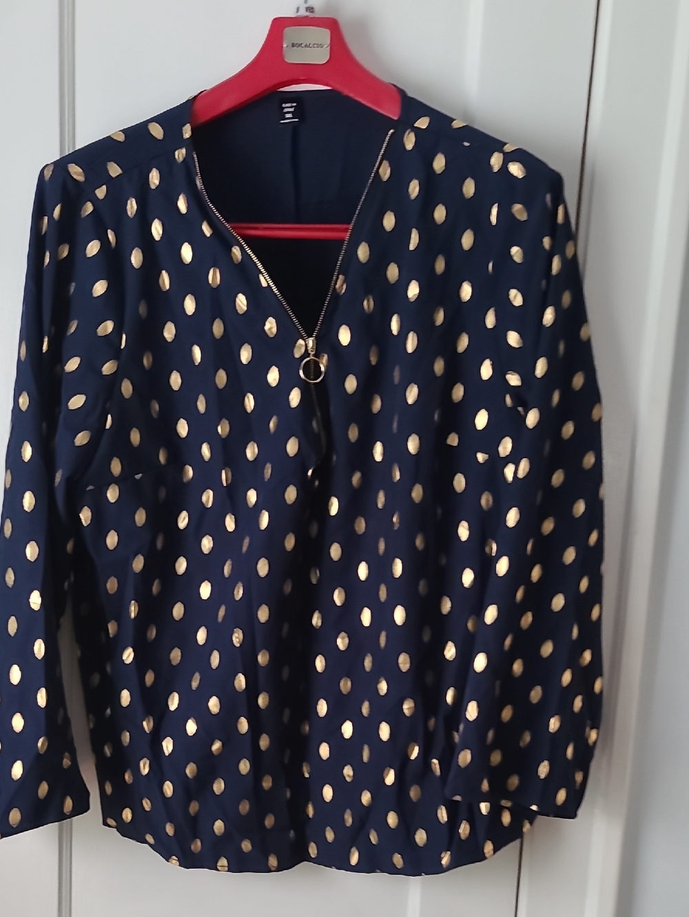 SHEIN Navy Blue Blouse with Gold Polka Dots and Zip Detail